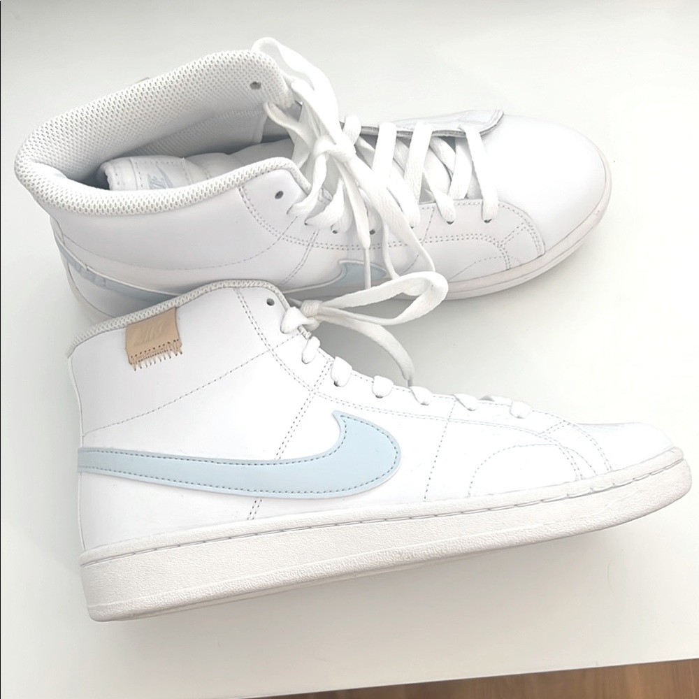 Nike White High-Top Sneakers with Light Blue Swoosh